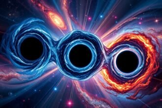An artistic representation of three supermassive black holes in the process of merging, set against a backdrop of a galaxy collision, with vibrant colors and intricate details.