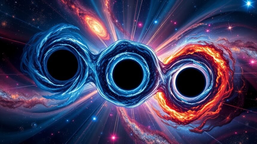 An artistic representation of three supermassive black holes in the process of merging, set against a backdrop of a galaxy collision, with vibrant colors and intricate details.