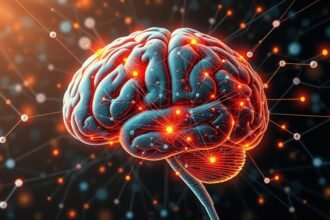 A detailed illustration of the brain's neural network with artificial intelligence elements integrated, showcasing the learning process in a futuristic and innovative manner.