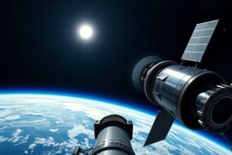 A detailed image of the OSIRIS-APEX spacecraft taking a selfie with the Earth in the background, showcasing the vastness of space and the beauty of our planet.