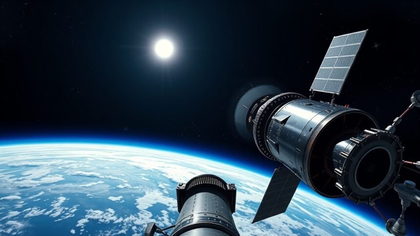 A detailed image of the OSIRIS-APEX spacecraft taking a selfie with the Earth in the background, showcasing the vastness of space and the beauty of our planet.