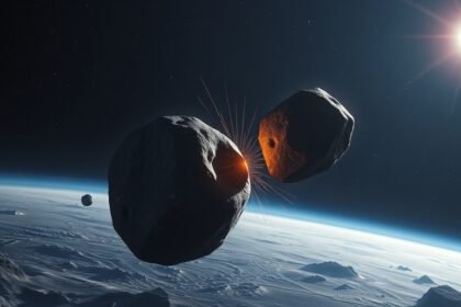 A realistic illustration of two asteroids colliding near a distant star, with a faint image of a vanished exoplanet in the background, set against a dark and starry night sky.