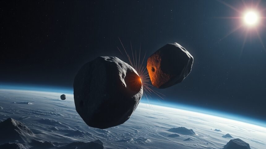A realistic illustration of two asteroids colliding near a distant star, with a faint image of a vanished exoplanet in the background, set against a dark and starry night sky.