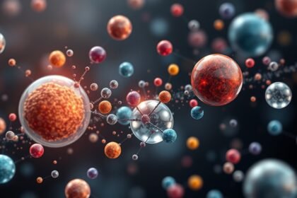 An illustration of particles interacting at the quantum level, with different colors and shapes representing various materials and their properties.