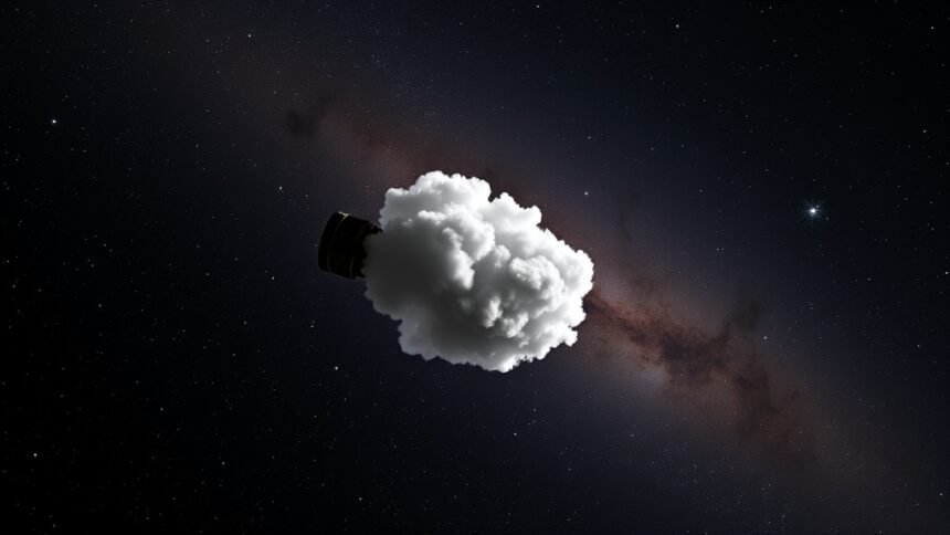 An image of the Hubble Space Telescope in space, with a caption that reads "NASA's Hubble Space Telescope examines Cloud-9, a new type of object in space"