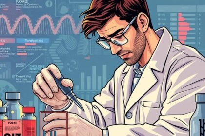 A detailed illustration of a forensic scientist analyzing DNA samples in a laboratory, with a background of epigenetic markers and gene expression data.