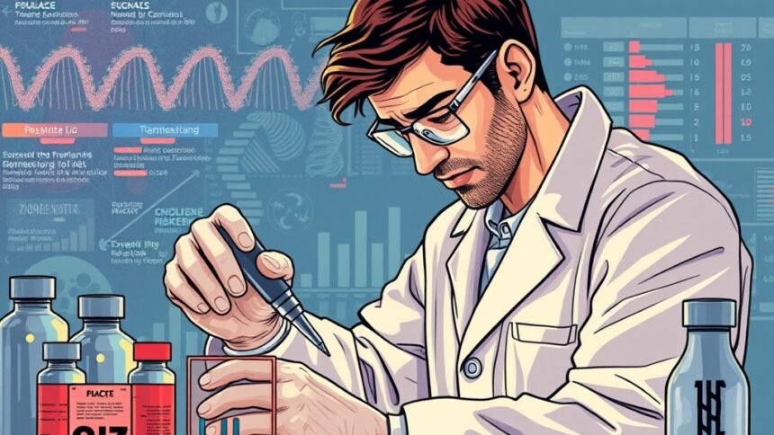 A detailed illustration of a forensic scientist analyzing DNA samples in a laboratory, with a background of epigenetic markers and gene expression data.