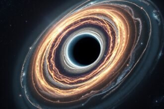 An artist's rendering of an ultramassive black hole at the center of a galaxy, with stars and gas swirling around it, set against a backdrop of distant stars and galaxies