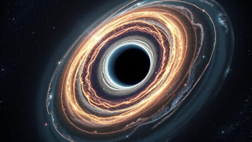 An artist's rendering of an ultramassive black hole at the center of a galaxy, with stars and gas swirling around it, set against a backdrop of distant stars and galaxies