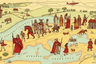 A detailed illustration of medieval England with people from different cultures and backgrounds migrating to the country, highlighting the roots of migration uncovered in the new study.