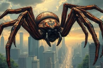 A detailed illustration of the strange spider breaking evolutionary rules, with a cityscape in the background to represent the intersection of nature and technology