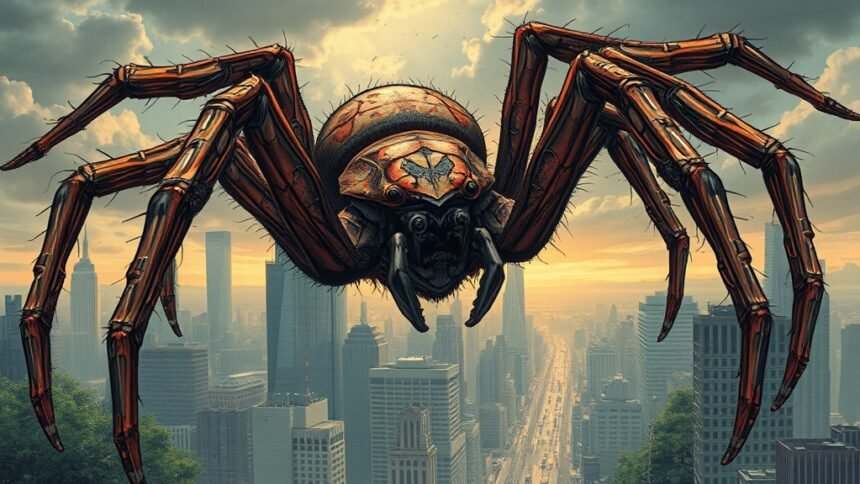 A detailed illustration of the strange spider breaking evolutionary rules, with a cityscape in the background to represent the intersection of nature and technology