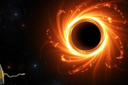 An illustration of a rapidly spinning black hole with a bright accretion disk, surrounded by stars and gas, with the XRISM spacecraft in the background, observing the phenomenon.