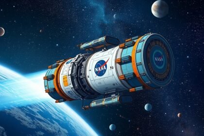 A detailed illustration of a NASA spacecraft exploring the cosmos, with a focus on astrobiology and the search for life beyond Earth.