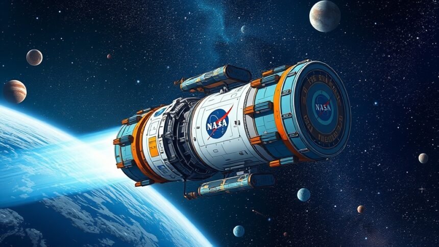 A detailed illustration of a NASA spacecraft exploring the cosmos, with a focus on astrobiology and the search for life beyond Earth.