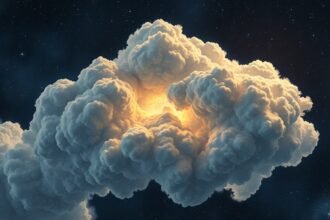 A detailed illustration of a dense gas cloud in space, with stars forming in the background and a subtle hint of a survey or observation in progress.