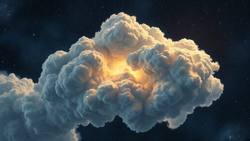 A detailed illustration of a dense gas cloud in space, with stars forming in the background and a subtle hint of a survey or observation in progress.