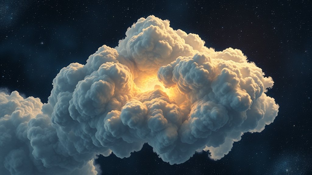 A detailed illustration of a dense gas cloud in space, with stars forming in the background and a subtle hint of a survey or observation in progress.