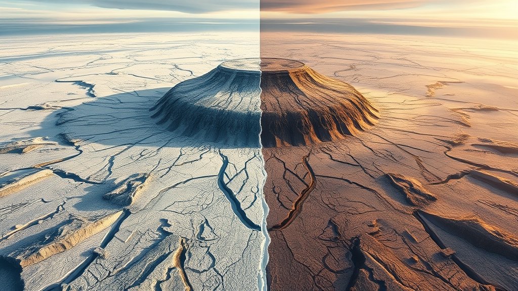 A dramatic illustration of Greenland's Prudhoe Dome ice cap completely gone, with a stark contrast between the past and present, highlighting the impact of climate change on the environment