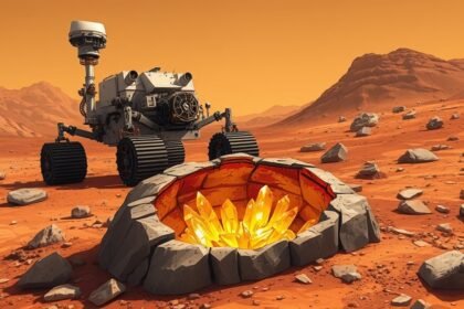 A detailed illustration of the Mars Curiosity Rover exploring the Martian surface with a cracked open rock in the foreground, revealing sulfur crystals inside.