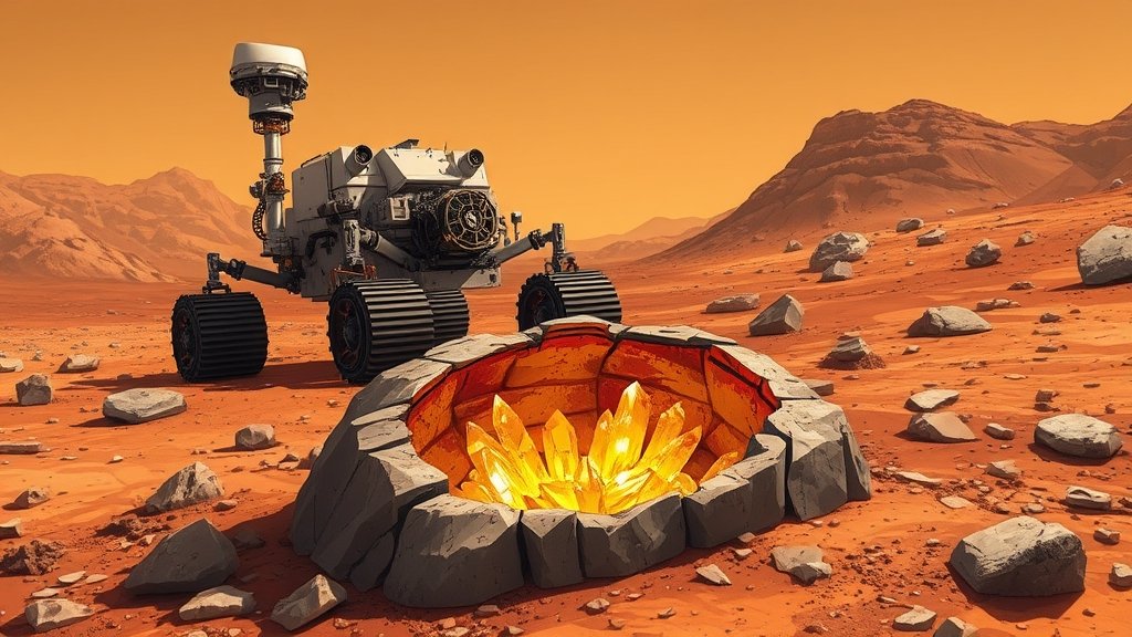 A detailed illustration of the Mars Curiosity Rover exploring the Martian surface with a cracked open rock in the foreground, revealing sulfur crystals inside.