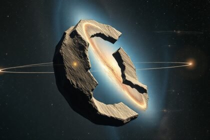 An artistic representation of the universe with a lopsided or asymmetrical structure, with stars, galaxies, and other celestial objects in the background