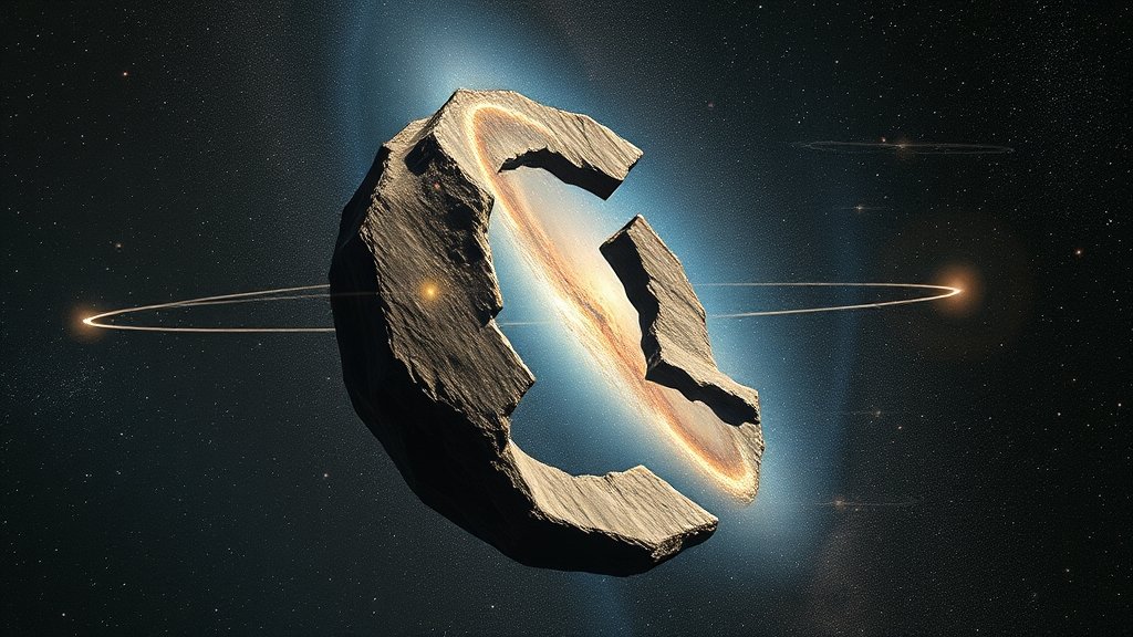 An artistic representation of the universe with a lopsided or asymmetrical structure, with stars, galaxies, and other celestial objects in the background