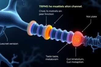 A detailed illustration of the TRPM5 ion channel with a hidden allosteric site, showing how it controls taste, metabolism, and gut function