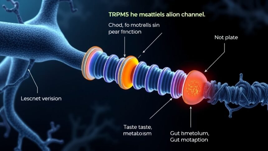 A detailed illustration of the TRPM5 ion channel with a hidden allosteric site, showing how it controls taste, metabolism, and gut function