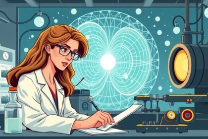 An illustration of a woman scientist working in a laboratory with quantum mechanics-related equipment, such as a particle accelerator or a quantum computer, with a background that represents the concept of wave-particle duality.
