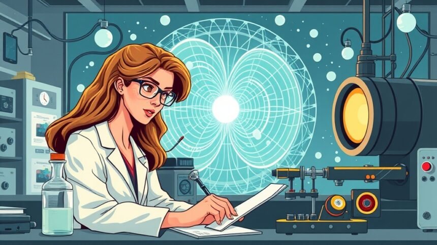 An illustration of a woman scientist working in a laboratory with quantum mechanics-related equipment, such as a particle accelerator or a quantum computer, with a background that represents the concept of wave-particle duality.