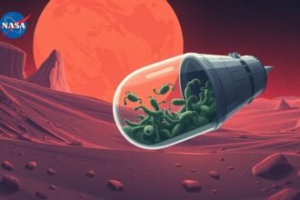 An illustration of a spacecraft with microbes in a dormant state, surrounded by Mars landscape in the background, with a subtle hint of NASA's logo and a few stars in the distance.