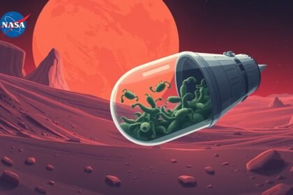 An illustration of a spacecraft with microbes in a dormant state, surrounded by Mars landscape in the background, with a subtle hint of NASA's logo and a few stars in the distance.