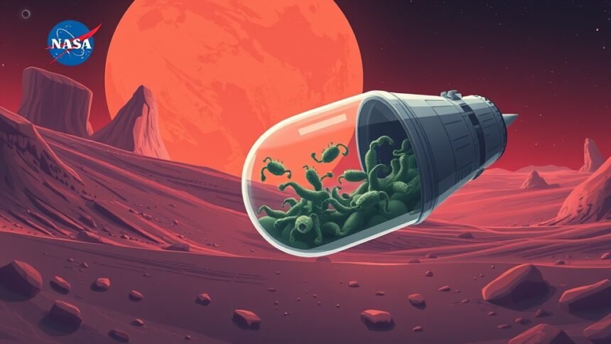 An illustration of a spacecraft with microbes in a dormant state, surrounded by Mars landscape in the background, with a subtle hint of NASA's logo and a few stars in the distance.