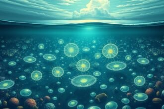 A detailed illustration of phytoplankton blooming in shallow waters, with a subtle background of oceanic and atmospheric elements