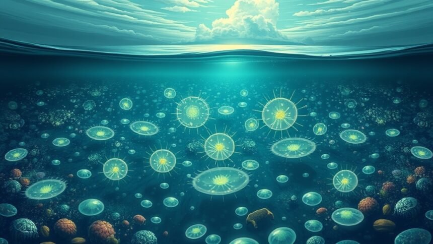 A detailed illustration of phytoplankton blooming in shallow waters, with a subtle background of oceanic and atmospheric elements
