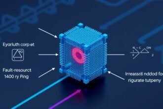 An illustration of a quantum computer with a fault-tolerant system, showing the reduction of resource cost and increased efficiency.