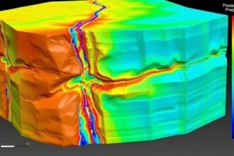 An illustration of a numerical simulation model showing the interaction between hydraulic and natural fractures in a rock formation, with colors representing different properties such as stress, pressure, and displacement.