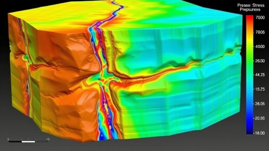 An illustration of a numerical simulation model showing the interaction between hydraulic and natural fractures in a rock formation, with colors representing different properties such as stress, pressure, and displacement.