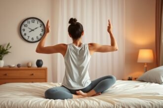 A serene bedroom with a person doing yoga or meditation before sleep, with a clock in the background showing a reasonable bedtime hour