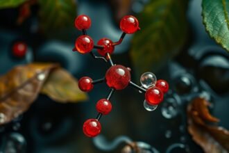 A microscopic image of a porphyrin molecule with a catalyst, surrounded by natural elements like leaves and water, to represent the connection between chemistry and nature.