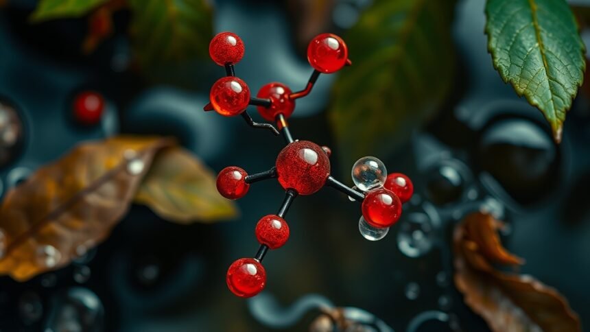A microscopic image of a porphyrin molecule with a catalyst, surrounded by natural elements like leaves and water, to represent the connection between chemistry and nature.