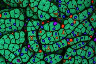 a microscopic image of Rosa persica leaf cells with highlighted RpNACs transcription factors