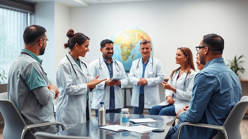 A diverse group of healthcare professionals discussing a complex medical case in a conference room with a globe in the background