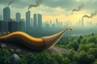 A detailed illustration of a worm sweeping particles in a polluted environment, with a cityscape in the background and a green forest in the foreground, symbolizing the potential of this technology to clean up pollution.