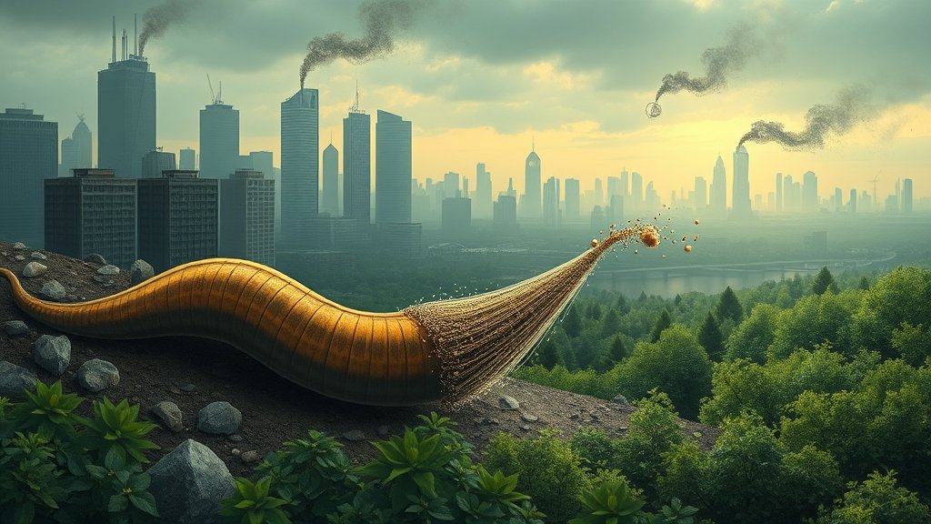 A detailed illustration of a worm sweeping particles in a polluted environment, with a cityscape in the background and a green forest in the foreground, symbolizing the potential of this technology to clean up pollution.