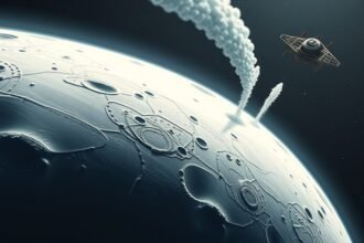 A detailed illustration of the Enceladus moon with its icy surface, geysers, and a spaceship in the background, representing the exploration of the moon's subsurface ocean.