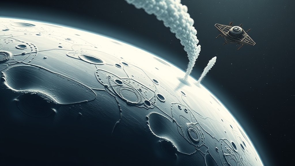 A detailed illustration of the Enceladus moon with its icy surface, geysers, and a spaceship in the background, representing the exploration of the moon's subsurface ocean.