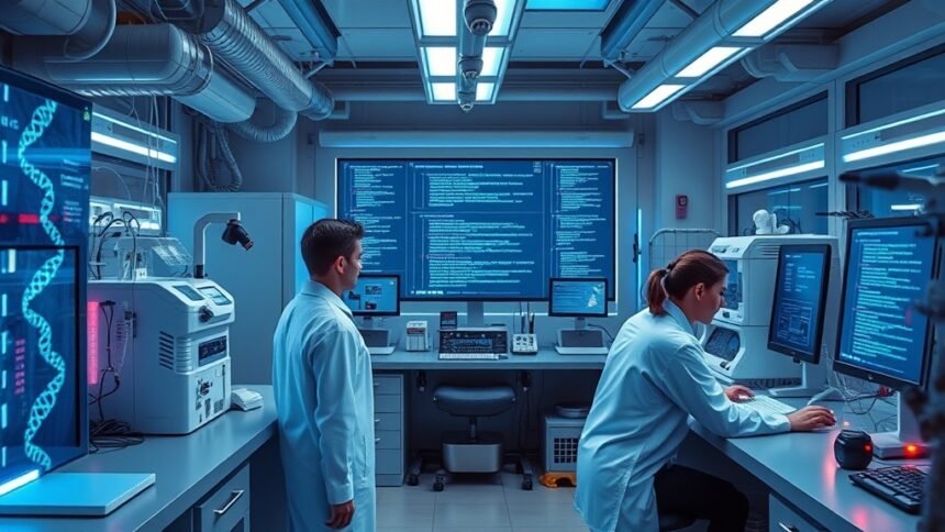 A futuristic laboratory setup with scientists working on genome engineering, surrounded by DNA sequencing machines and computer screens displaying genetic code.
