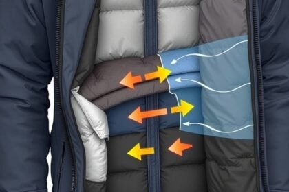 A detailed illustration of the cross-section of a winter jacket, showing the different layers of insulation and materials, with arrows indicating the flow of heat and cold air.